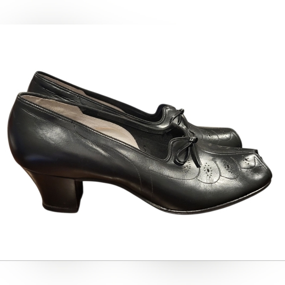 Vintage Dr. Locke Peep Toe Bow Detail Black Heel Made In USA Size 9 Narrow